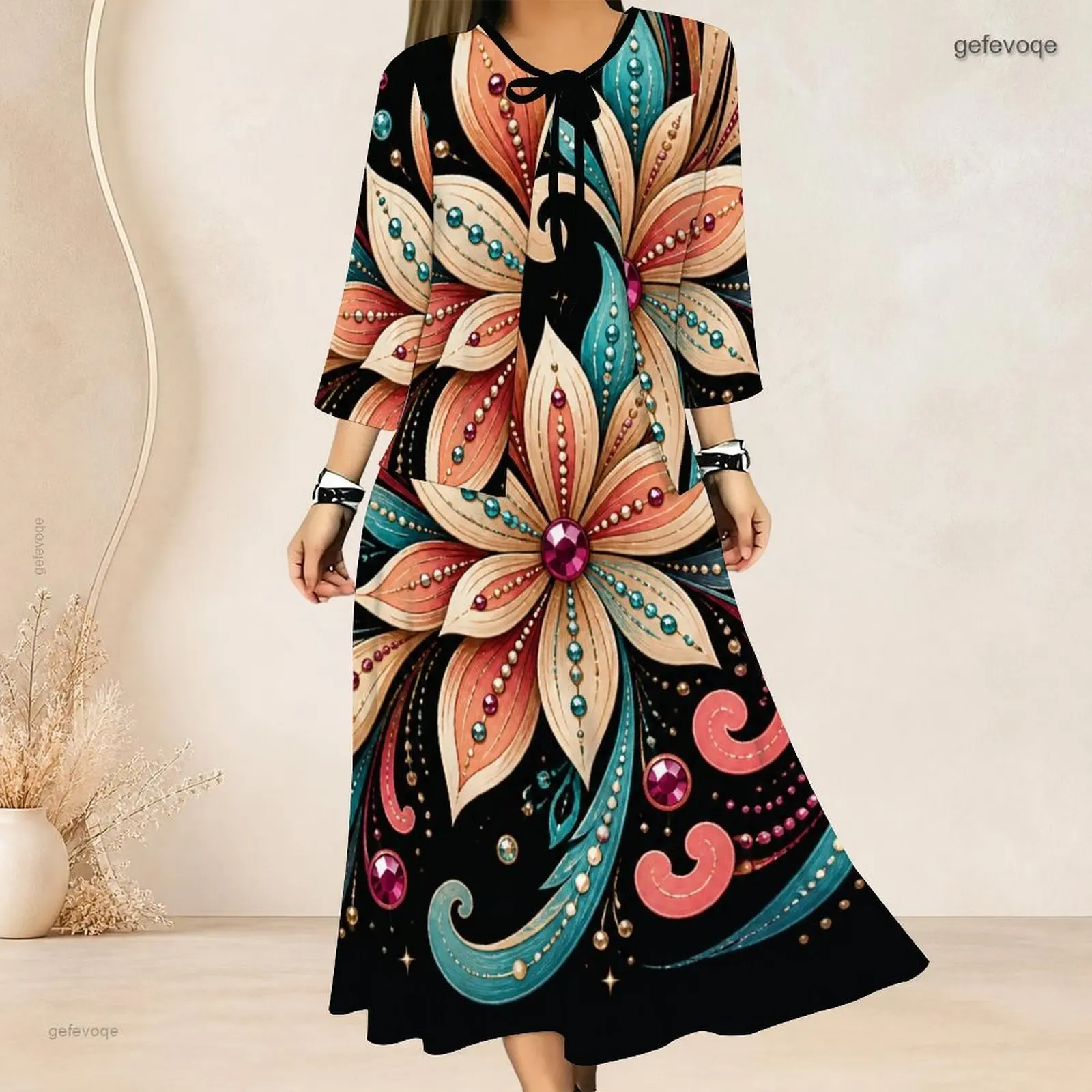 Women Black Large Floral Gem Printed 3/4 Sleeve Tie Neck Two Piece Dress Set