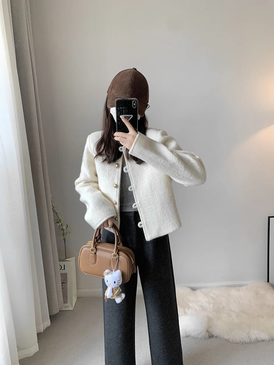 

Ruu Home White Small Fraance Sle Women's Spring Autumn New Sle Youthful ort Woolen Coat Straight Tube ort Coat