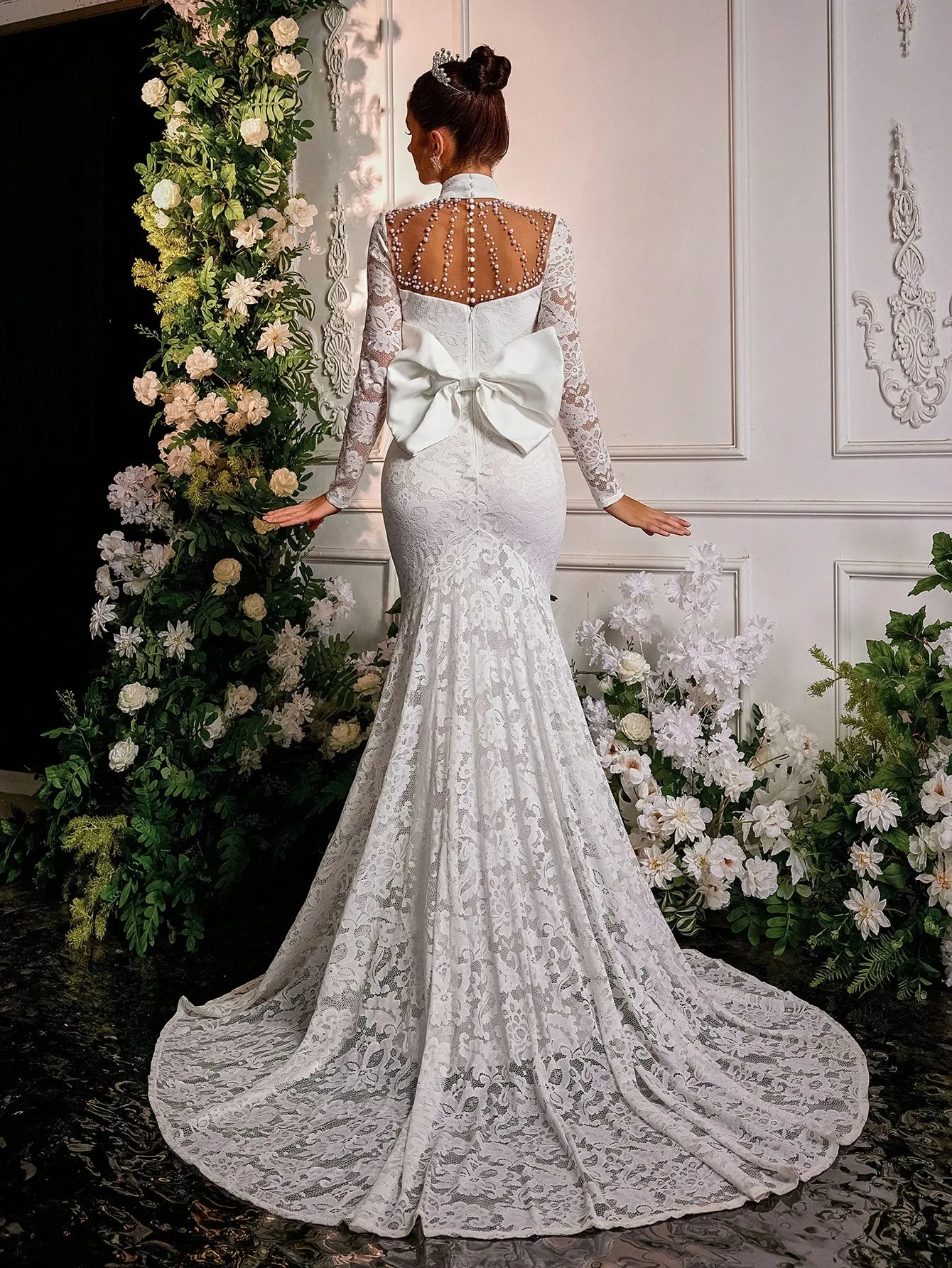 Elegant Wedding Dresses High Neck Pearls Mermaid Bridal Gowns Lace Princess Long Sleeves Customized Vestidos De Novia