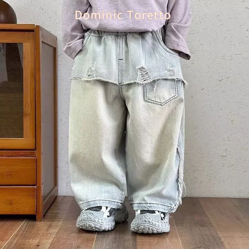 Bellbell Autumn Kids Boys Jeans 1-6Yrs Toddler Boys Denim Pants Loose Elastic Waist Patched Wide Leg Pants for Infant Babys Boys