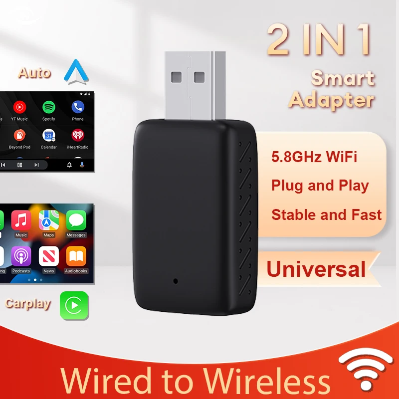 2025 New Wired to Wireless CarPlay 2 in1 Mini Adapter Android Auto Smart Box Plug and Play Auto Connection OTA Update Universal