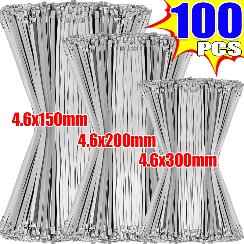 20/100PCS Stainless Steel Cable Ties Silver Heavy Duty Self-Locking Cable Zip Tie Metal Hardware Wrap Fastening Ring Organizer