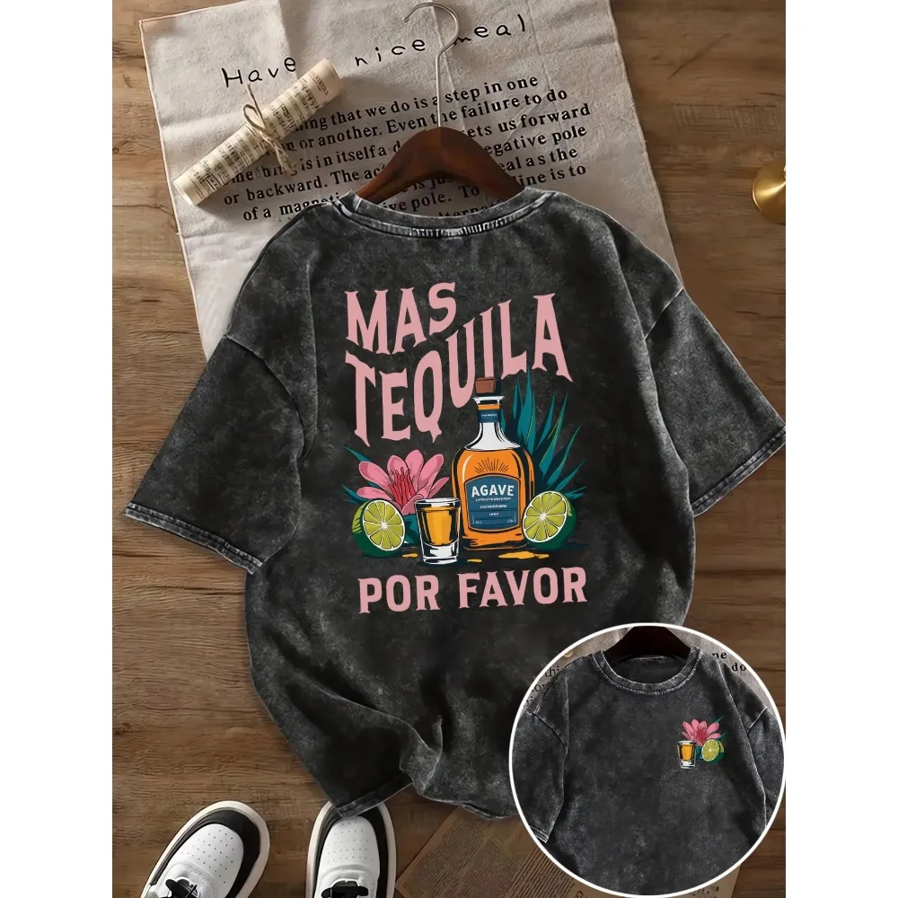 Mas Tequila Por Favor Graphic T Shirt Men Women Vintage Acid Wash Cotton Summer Short Sleeve Agave Harajuku Streetwear Tshirt