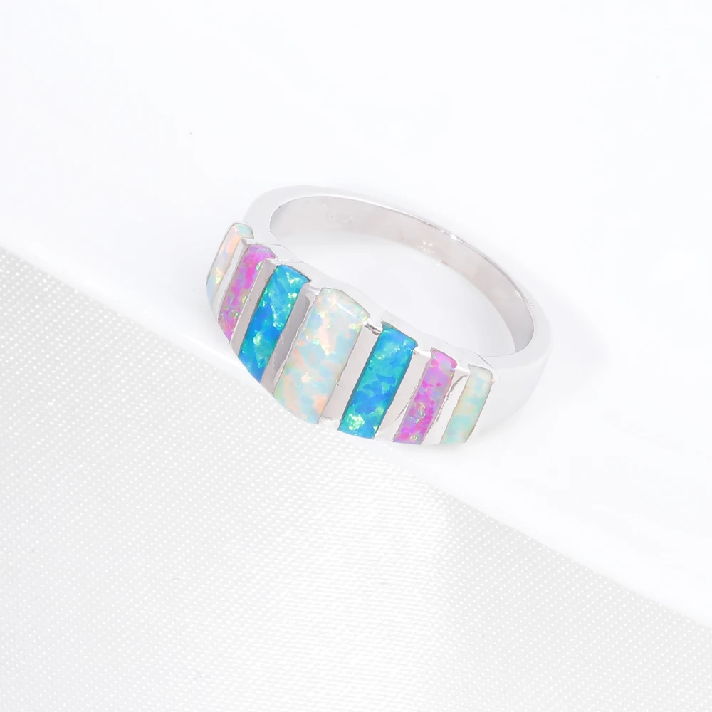 CiNily Rainbow Big Fire Opal Stone Rings Silver Plated Blue White Pink Colorful Engagement Finger Ring Summer Jewelry Women Girl