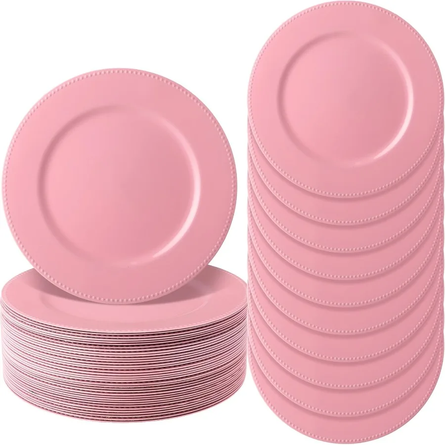 

36 Pack Beaded Charger Plates 13 Inch Round Pink Charger Plates Vintage Table Decoration Reusable Dinner Tray for Table Wedding