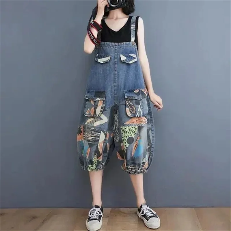 

Women's Denim Jumpsuit 2024 Summer Printed Denim Lantern Strap Pants For Women Jeans Loose Large Size Jeans