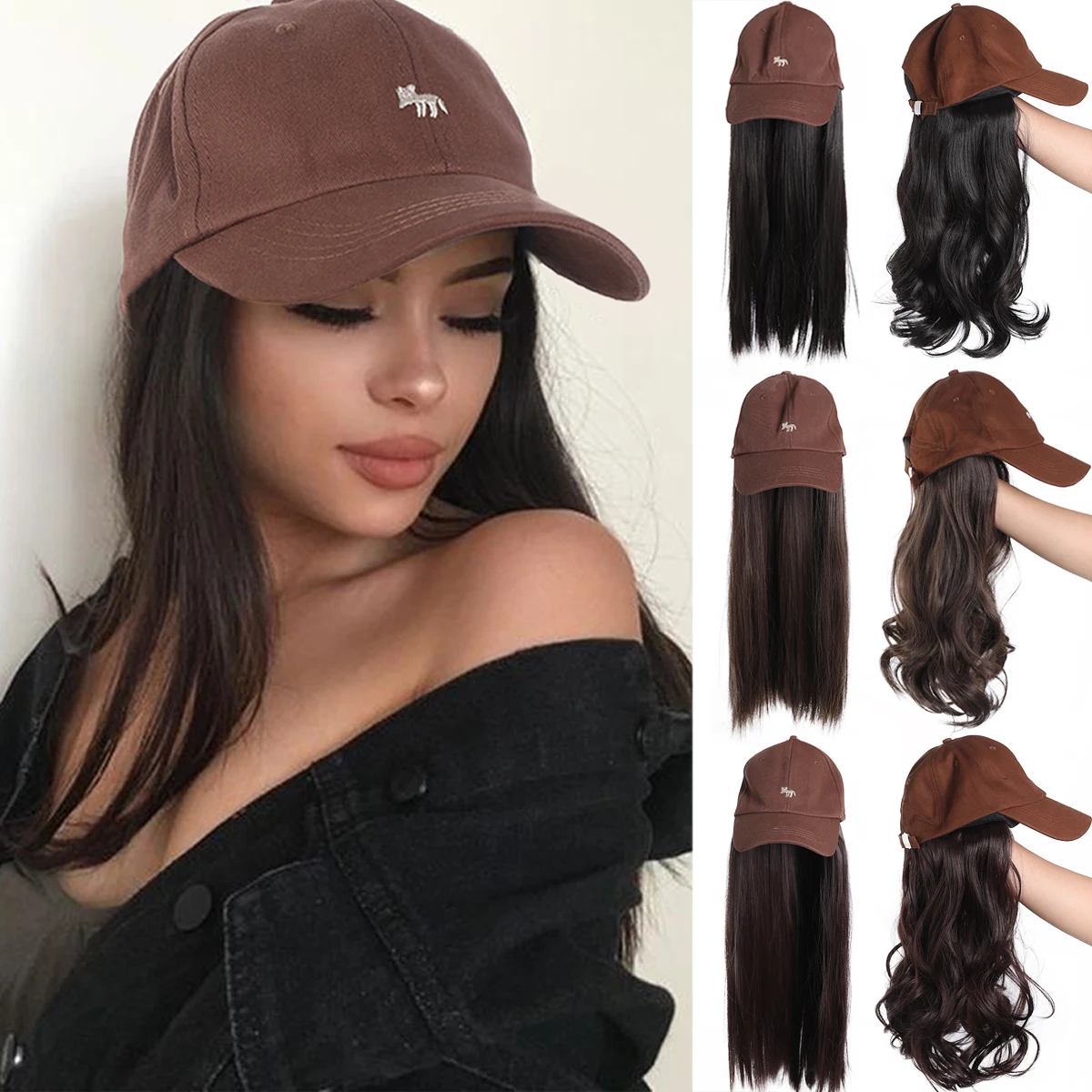 Synthetic Long Fluffy Natural Wave Wavy Curly/Straight Hair Wigs with Baseball Cap Naturally Connect Adjustable Hat Wig for Wome