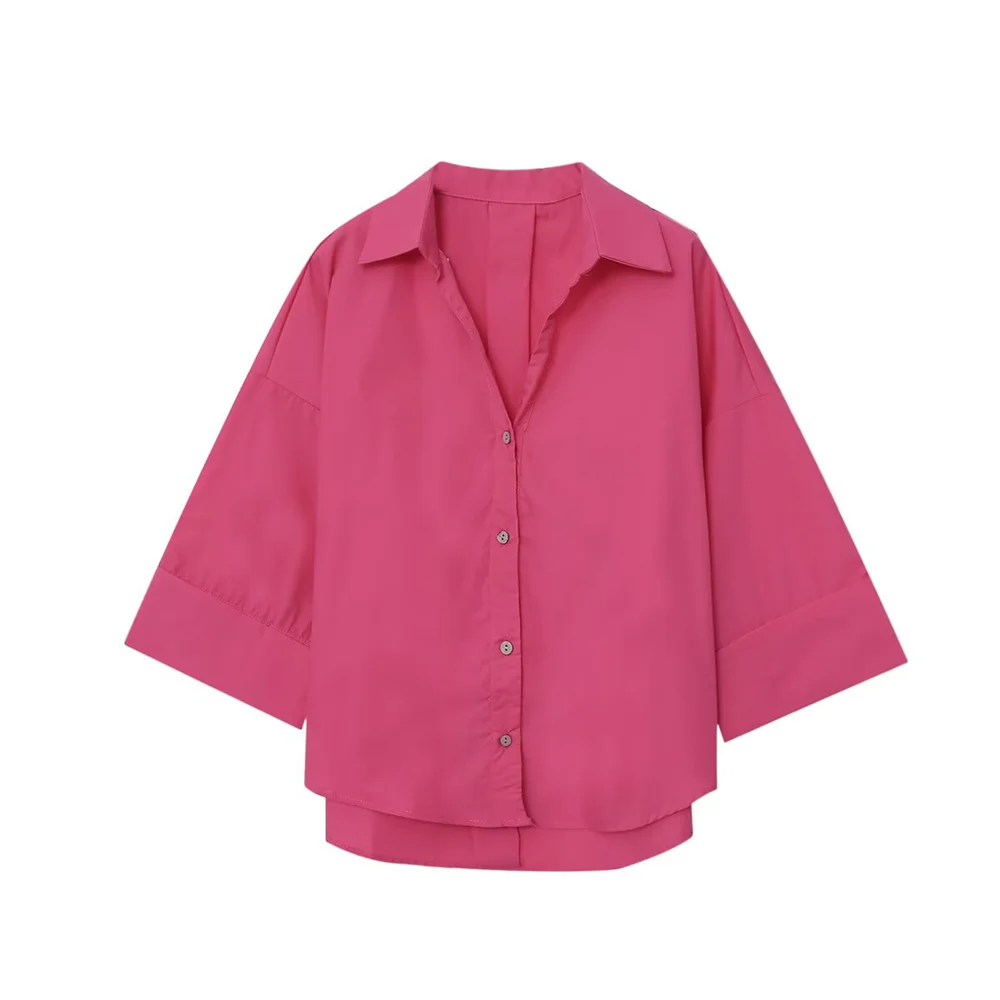 قميص نسائي ذو طية صدر السترة بأكمام خمسة أرباع مزين بصدر واحد للصيف، قميص كاجوال بأكمام واسعة