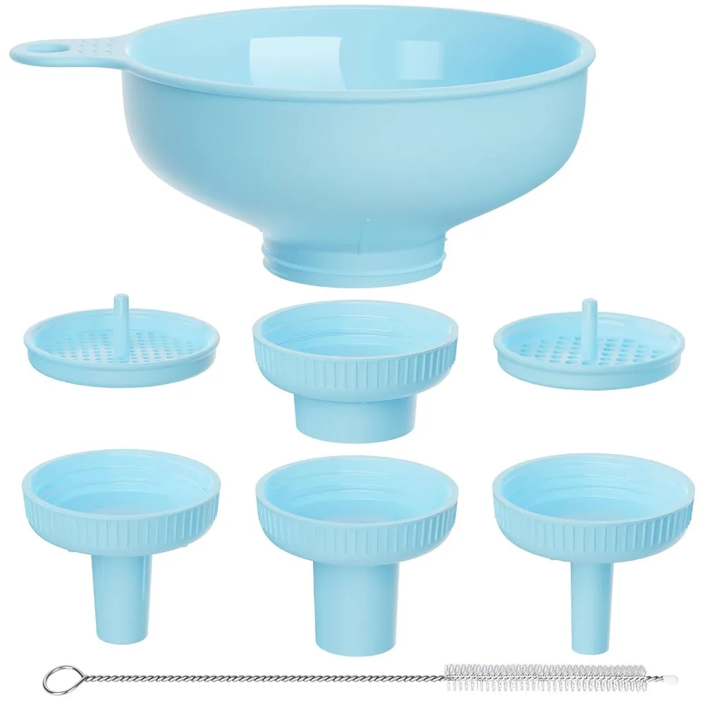 

Wide Mouth Versatile Funnel, Canning Funnels for Kitchen Use, Food Grade Plastic Cooking Funnel Set with 4 Size Spouts and 2 Strainers for Filling Different Bottles and Bags, Blue