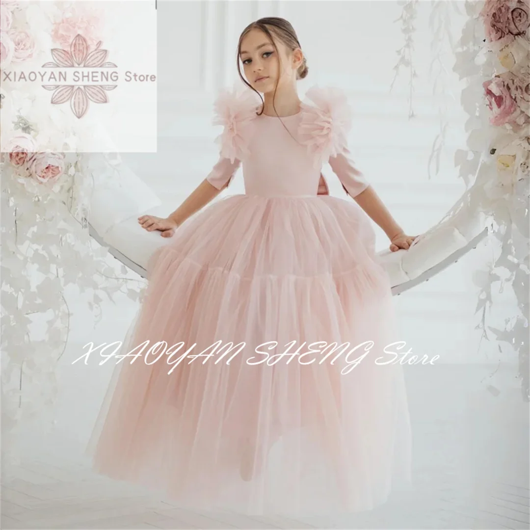 Light Pink Flower Girl Dresses Tulle With Bow Half Sleeve For Wedding Birthday Party Banquet Princess Gowns