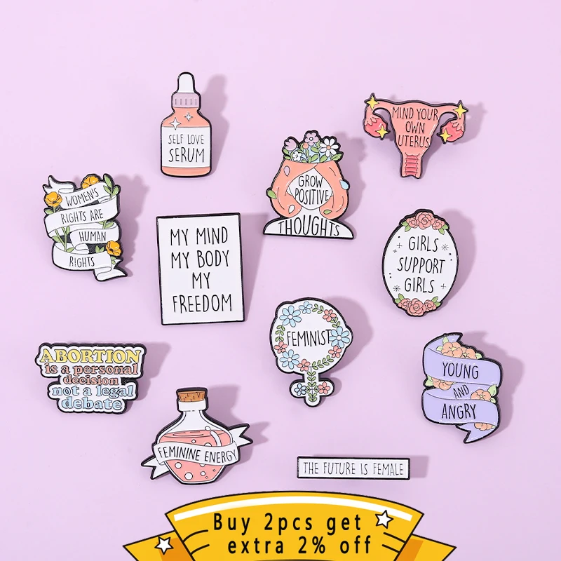 Quotes Women Power Enamel Pins Energy Brooch Bottle Self Love The Future Is Female Girls Support Girls Jewelry Gift Accessories