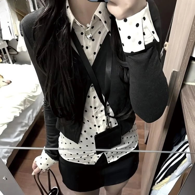 Japanese Two Piece Sets Fake Two Pieces Polka Dot Y2k Aesthetic Slim Fit Blouses + Grunge Mini Skirts Female Autumn Vintage Suit