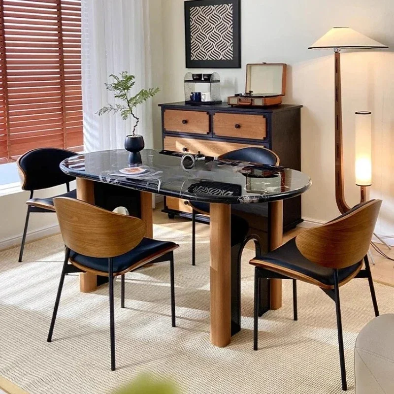 

Nordic medieval marble solid wood dining table and chair combination round modern minimalist rock slab