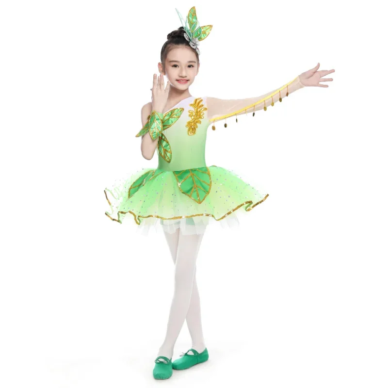 Children's costumes girls Latin dance jazz gauze tutu green jasmine dance dress group chorus performance praise dance dresses