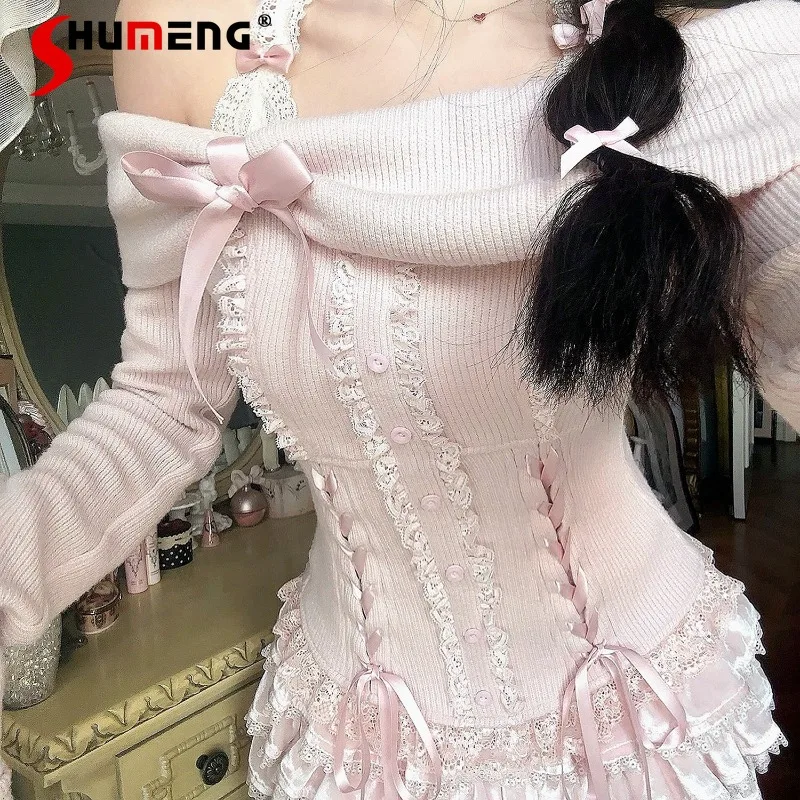 2024 Autumn New French Style Top Soft And Comfortable Gentle Bow Shoulder Long-sleeved Slimming Knitted Sweater Women\'s Clothing