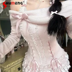 2024 Autumn New French Style Top Soft And Comfortable Gentle Bow Shoulder Long-sleeved Slimming Knitted Sweater Women's Clothing