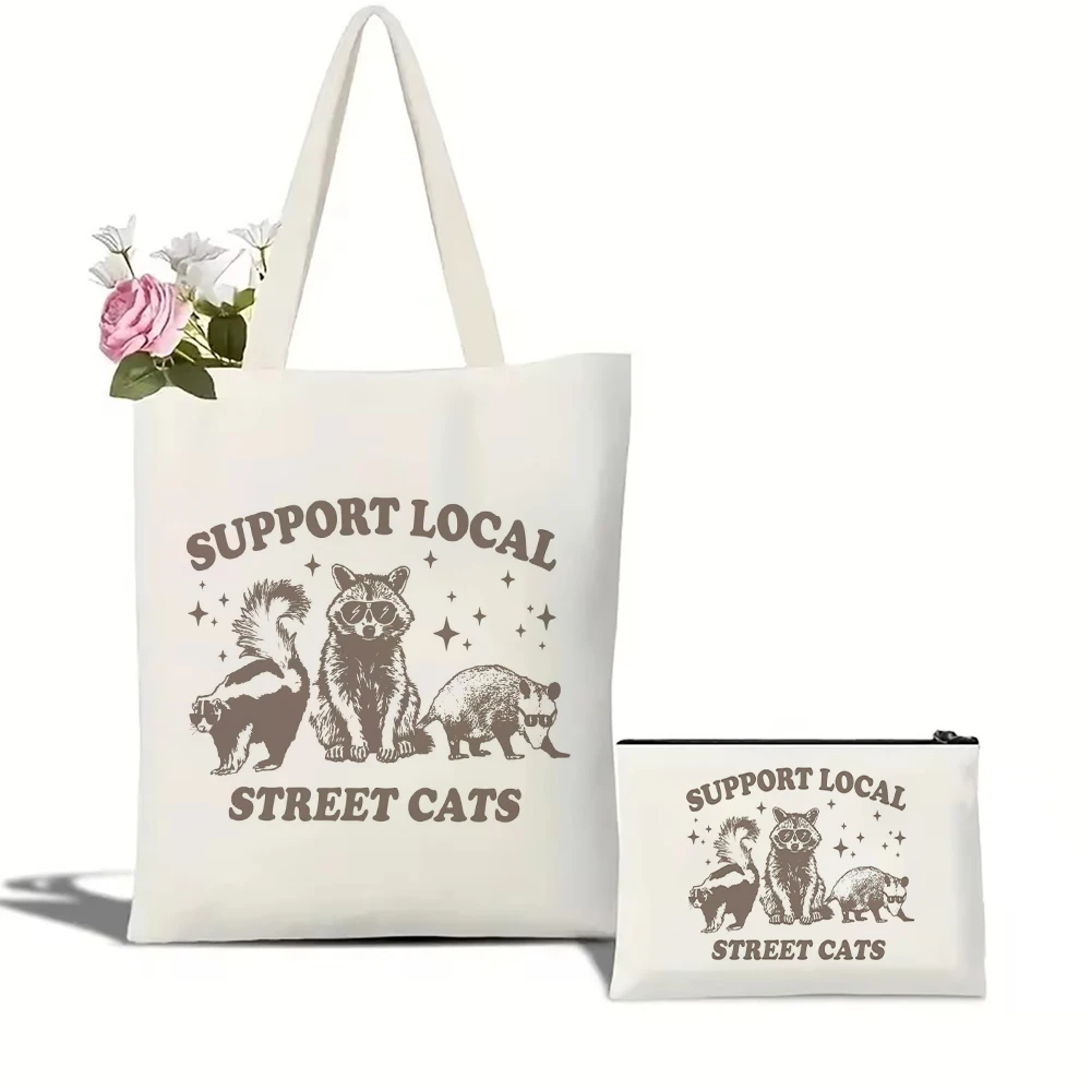 

Funny Support Street Cats Bag Raccoon Tote Bag Set Canvas Handbag Makeup Bag Set Personalized Gift Bag for Women Girl Lady