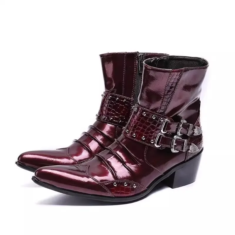 Punk Rivet Belt Buckle Chunky Heel Boots Male Zipper Motorcycle Boots Party Shoes Retro Metal Pointed Toe Splicing Leather Shoes