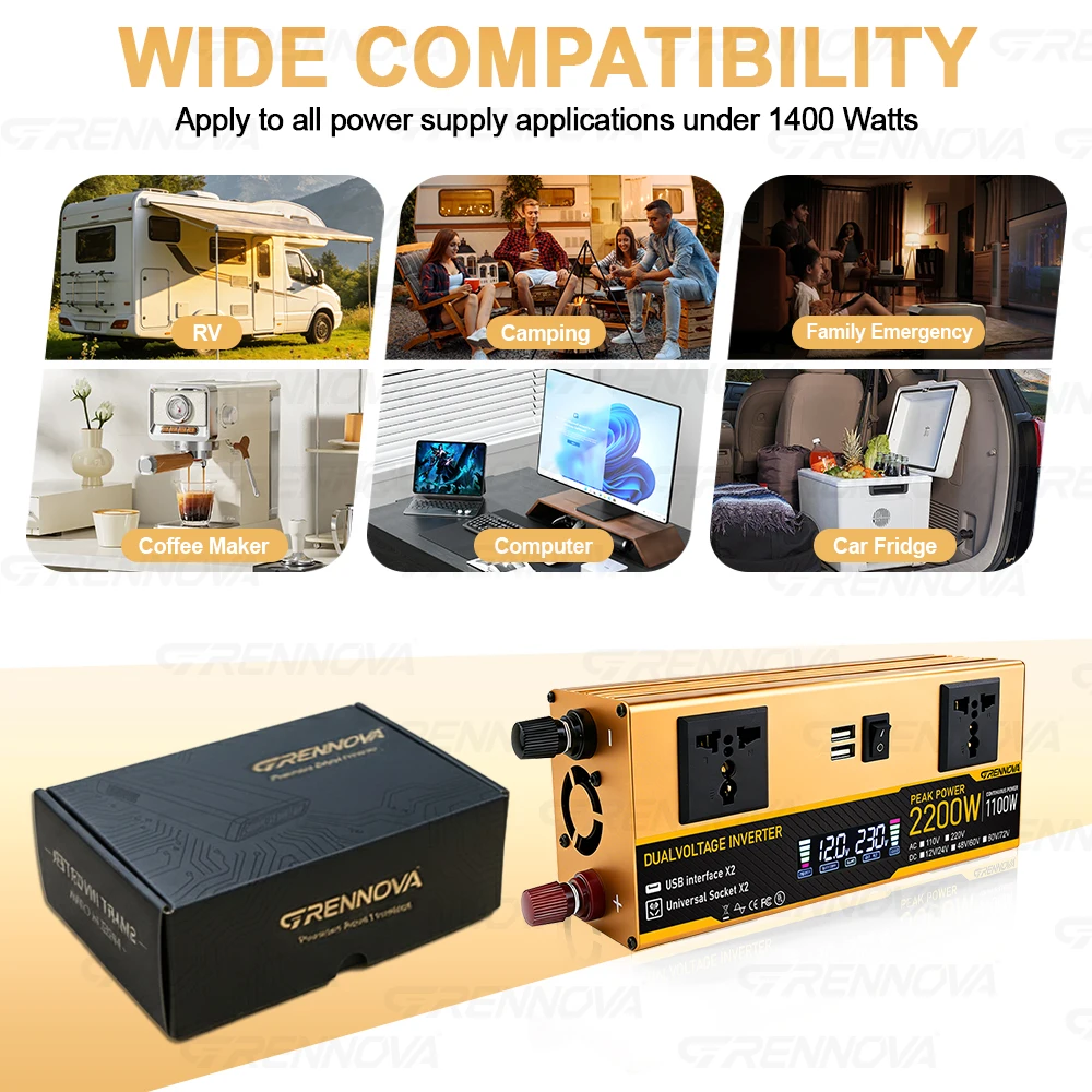 Dual Voltage 1400W-2200W Peak Smart Inverter Rate 700W-1100W 12/24V 48/60V 60/72V to 110V 220V Runs TV Laptop Small Appliances
