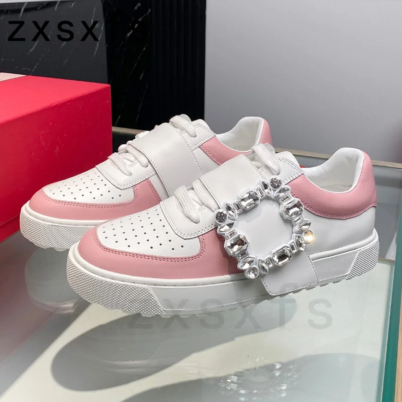 

Spring Crystal Buckle Leather Shoes For Women Round Toe Platform Sneakers Designer Brand Flat Casual Shoes For Woman