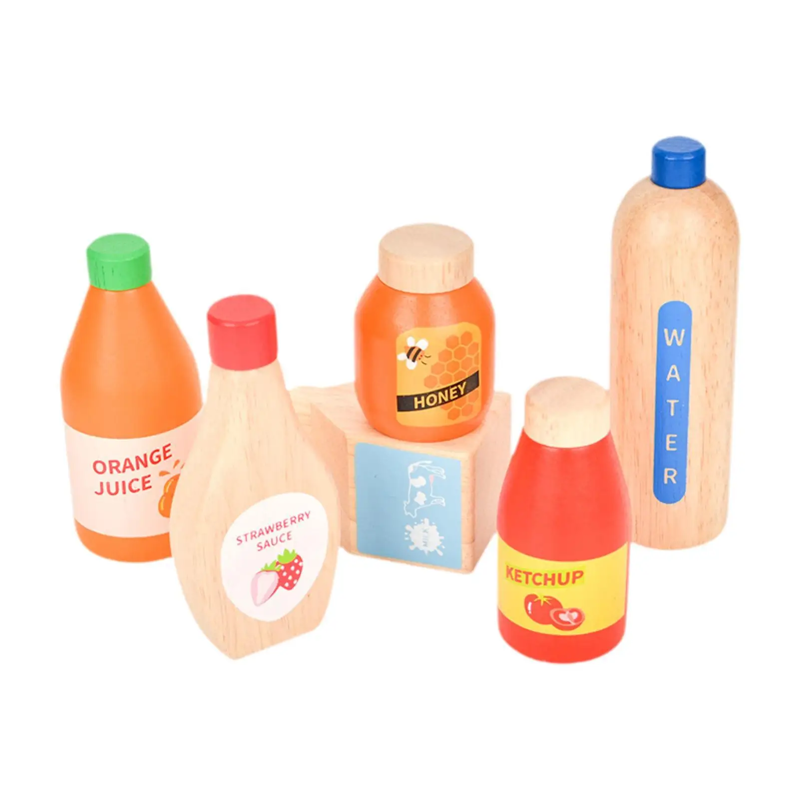 6 Pieces Wooden Drinks Set Kitchen Beverage Bottle Drink Set for Toddlers