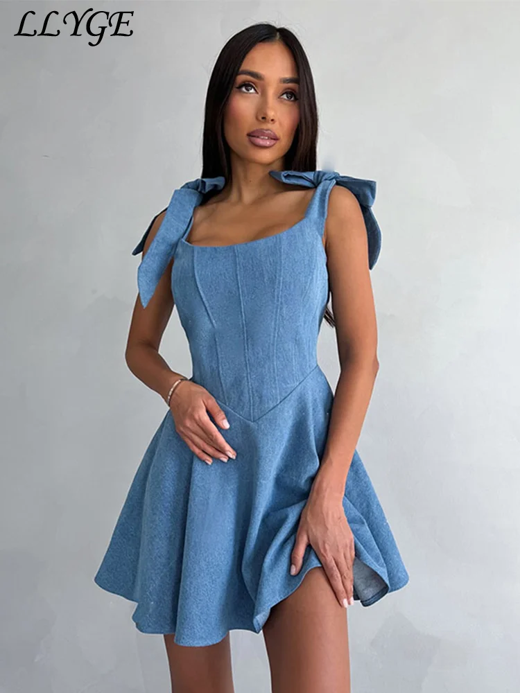 

Sexy Bow Fishbone Denim Short Dress Women Bandage Square Collar Sleeveless Backless Sling Dresses 2025 Summer Lady Holiday Robes