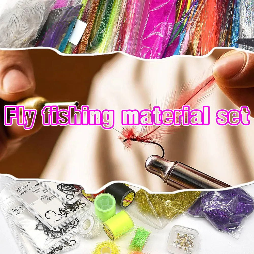 MNFT Anfänger-Set für Fliegenbindematerial, Federn, Fellfaden, Kristall, Blitzlinie, Haken, Fliegenbindematerialien, Starter-Sets
