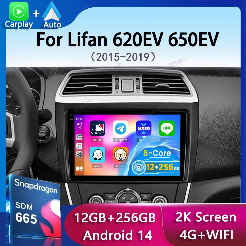 Android 14 Wireless Carplay Auto Car Radio For Lifan 620EV 650EV 2015-2019 Multimedia Video Player GPS Navigation Stereo Audio