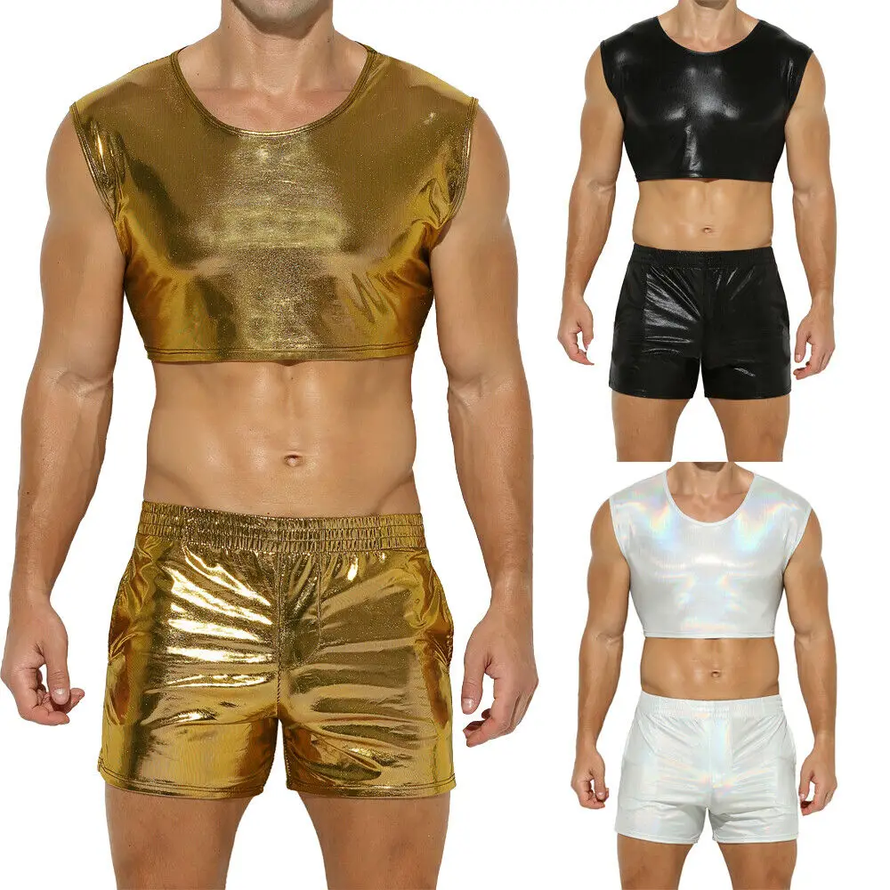 Sexy Mens Undershirts Metallic Shiny Crop Tops Sleeveless Short T-shirts Mini Vests Sport Stage Shorts With Pockets Men Clubwear