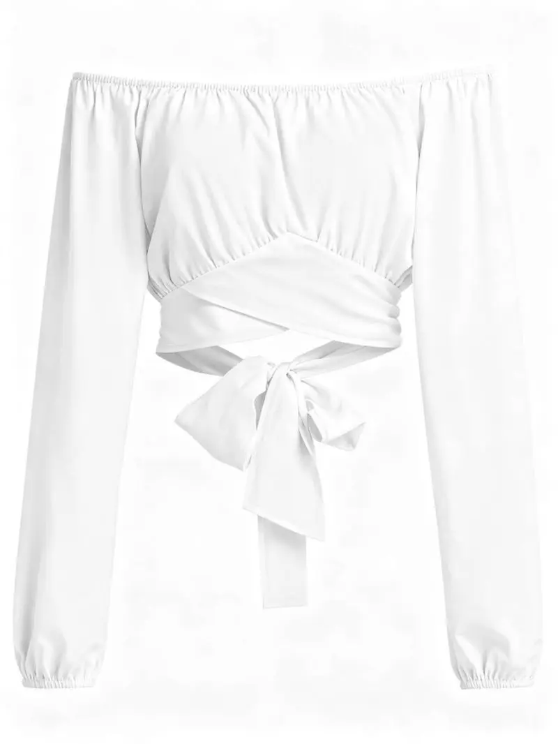 Women's One-Shoulder Off-Shoulder Short Top Bubble Long-Sleeved Cross Waist Slimming Shirt with Exposed Navel