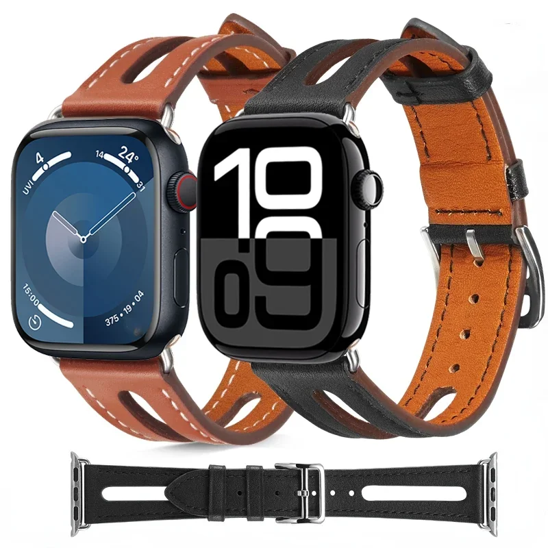 

Leather Strap For Apple Watch 49mm 46mm 45mm 41mm 44mm 40mm 42mm Openwork Bracelet Wristband iWatch Ultra 10 9 8 7 6 5 4 SE Belt
