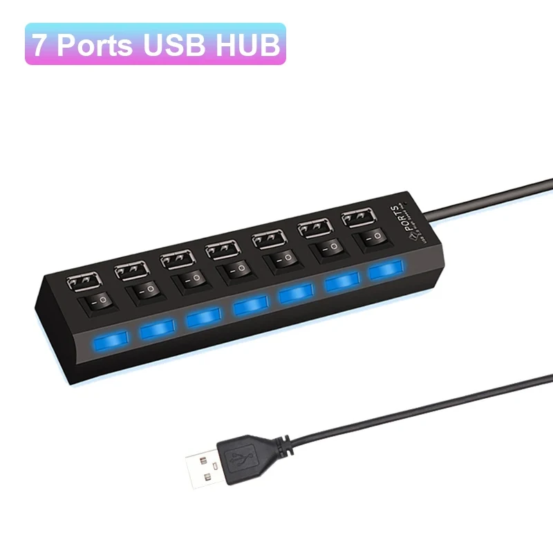 7 Port Multi USB Splitter Hub USB Hub 2.0 Use Power Adapter USB 2.0 Multiple Expander Switch Hub Docking Stations 30CM Cable