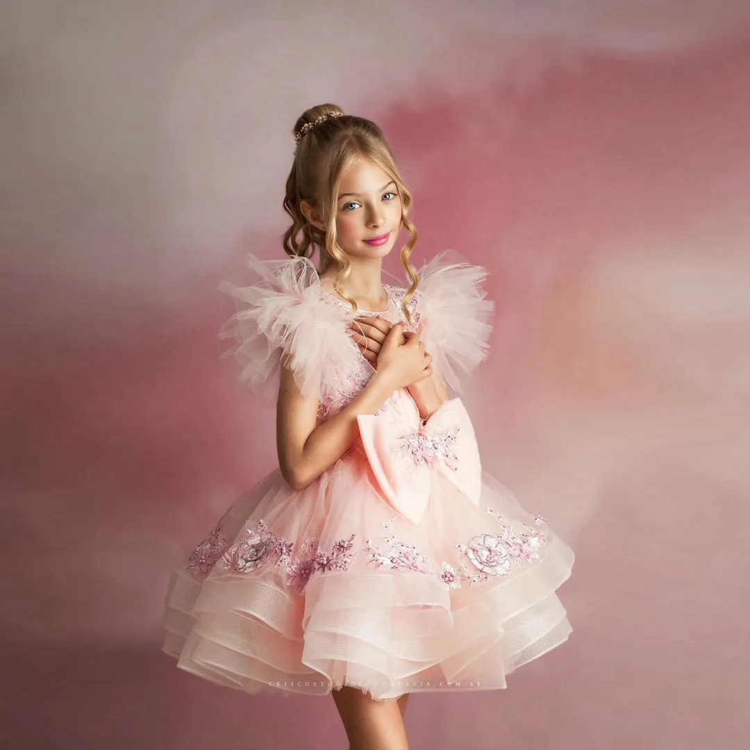 

Sweet Pink Ruffles Tulle Long Dress Girls Puffy A Line Tiered Lush Ruffled Birthday Party Tulle Dresses Kids Tutu Tulle Gowns