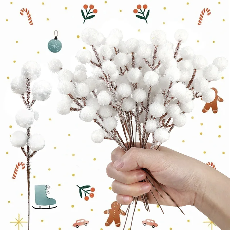 5/100pcs Artificial White Berry Stem Frosted DIY Fake Berries Wreath Xmas Tree Ornament Christmas Snow Tipped Branches Crafts