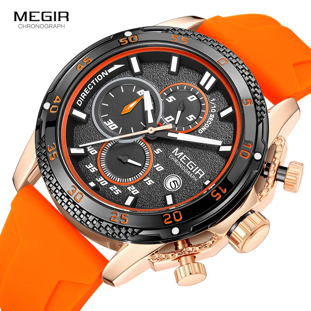 

MEGIR Orange Quartz Watches Men Fashion Chronograph Quartz Military Sport Wristwatch with Silicone Strap Date Luminous Hand 2211