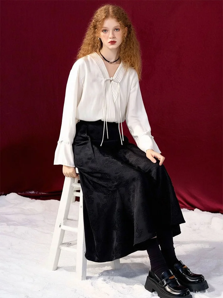 

ZhuoZhi Pure Color Long Sve V-Ne Embroidered Design irt Loose Fit Versatile Top French Sle Breathable Comfortable