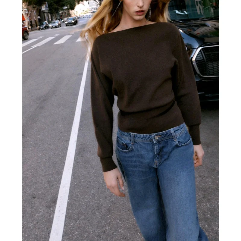 Winter nieuwe collectie Dames Lazy Sle Long Sve Gebreide trui met één schouder en riem Franse Sle Loose Fit Casual Polyes...