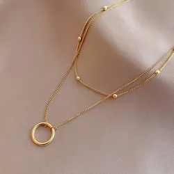 Nieuwe trend roestvrij staal dubbellaags kraal ringing hanger ketting voor vrouwen gestapelde choker feestcadeau mode-sieraden