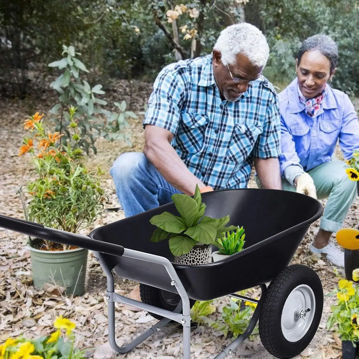 Dual Wheel Wheelbarrow, Heavy Duty Garden Cart, 330 lbs Capacity Utility Cart with Two 13 inches Pneumatic Tires for Outd