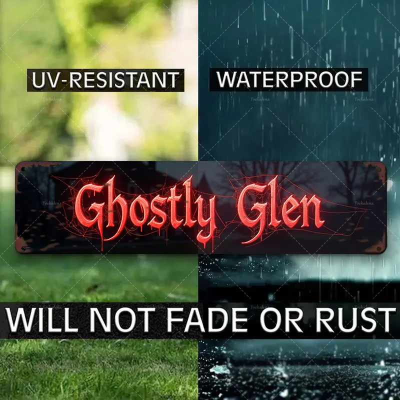 قطعة واحدة من لافتة معدنية، مقاس 4 × 16 بوصة "علامة "Ghostly Glen" لديكور الهالوين - نمط خشبي ريفي" #4