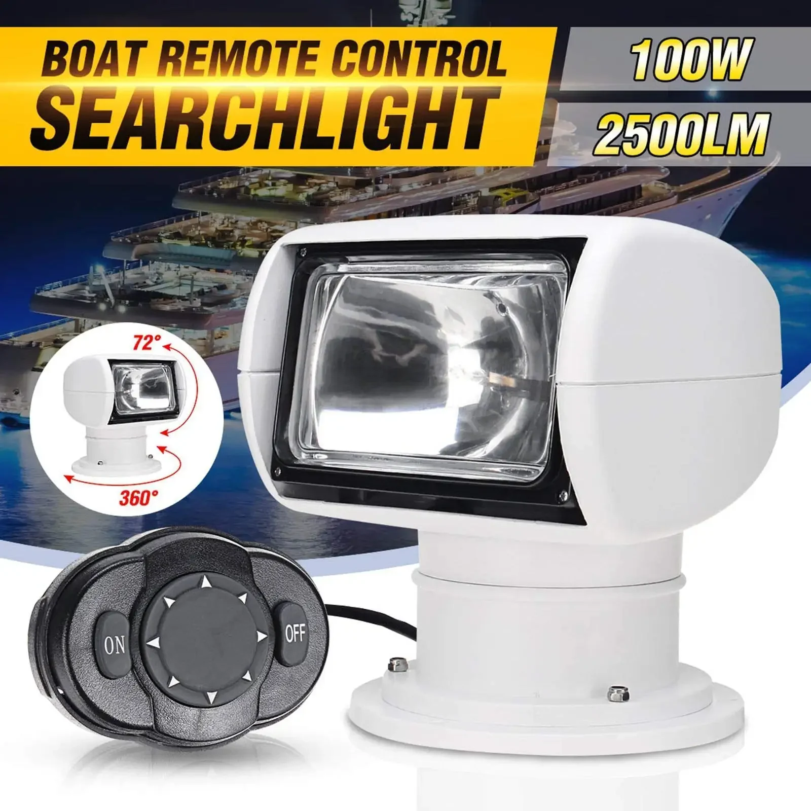 Luz de búsqueda halógena portátil marina, foco de barco con Control remoto giratorio 100, 12V, 360 W, 2500LM, IP67