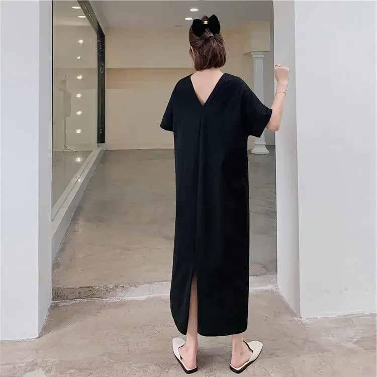 Gonna al ginocchio esposta T-shirt Gonna lunga in la carne tibetana allentata estiva è sottile scollo a V