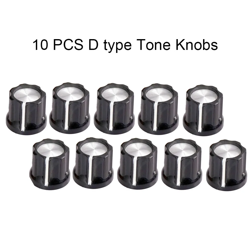 10pcs Guitar Tone Knobs 6mm Shaft Hole Bass Black D Type For Electric Guitar Plastic+Aluminum Sheet Potentiometer