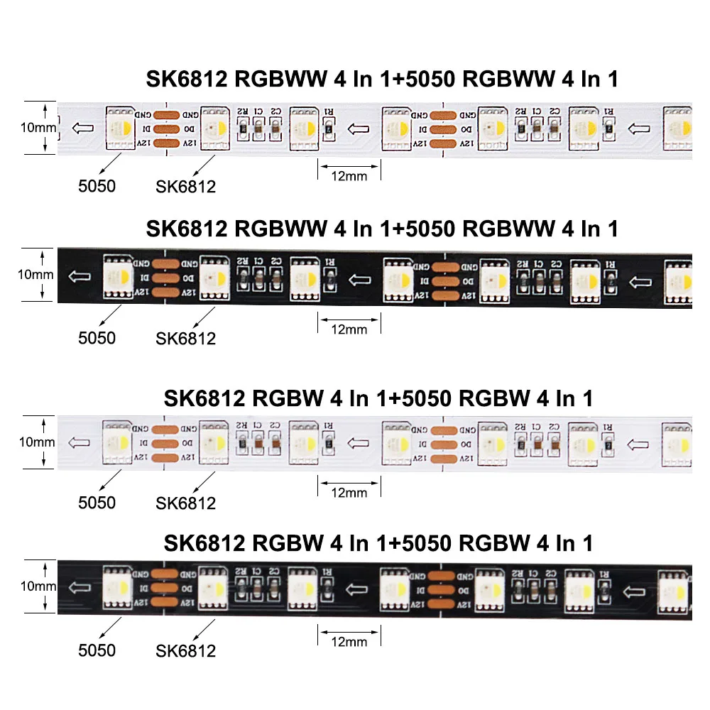 1-5M SK6812 RGBW światło listwa LED RGBWW 5050SMD 4 w 1 60LEDs/m adresowalna taśma LED do pikseli biała/czarna PCB IP30 IP65 IP67 DC12V