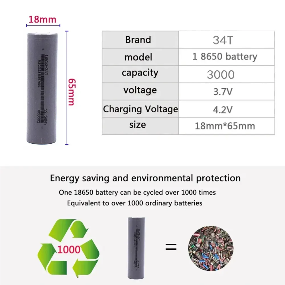 18650 34T10c1000 cycles Ion Rechargeable Battery, 3.7V, 3000mAh,Suitable for Toys, Flashlights, Power Tools and Other Equipment
