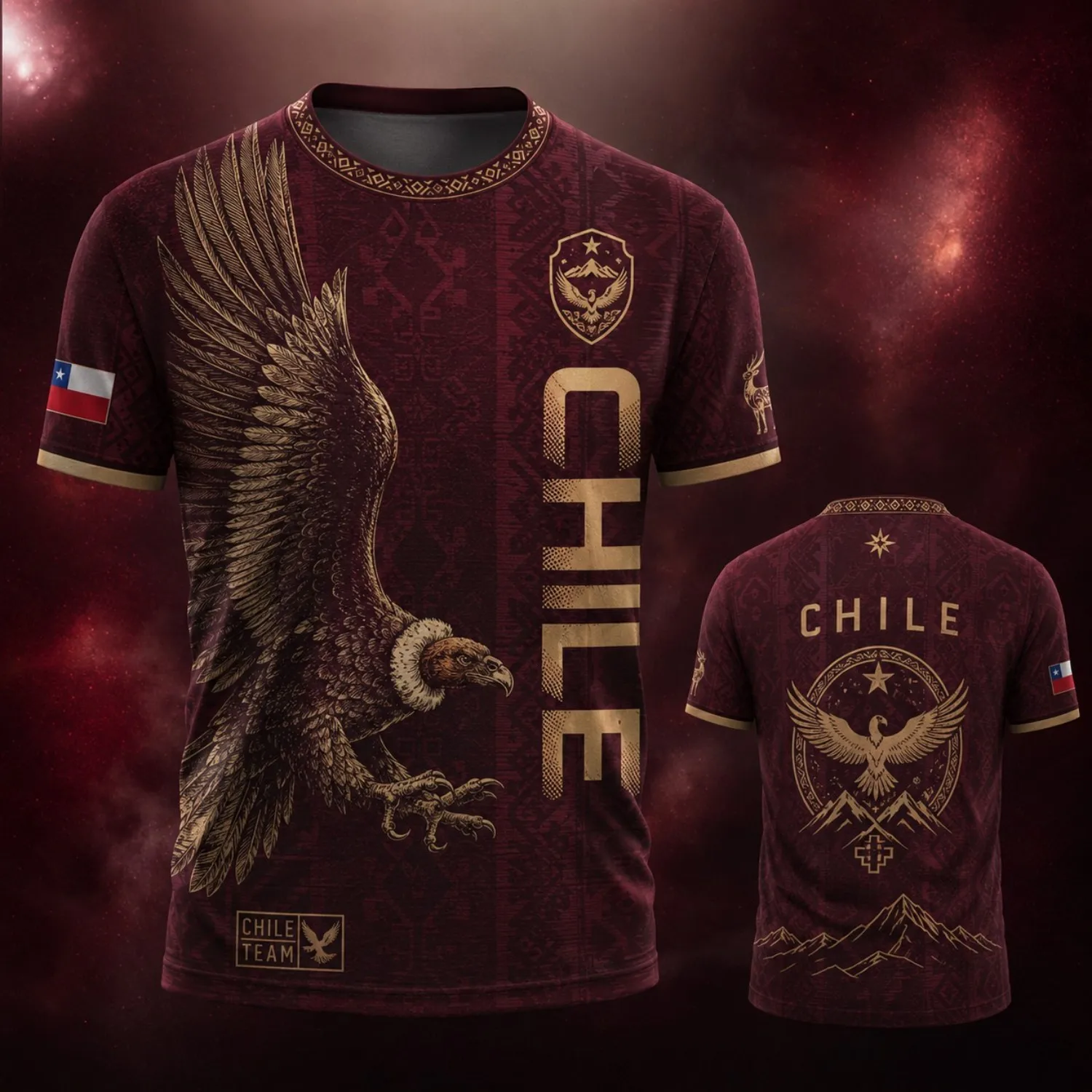 Mens Crew Neck T Shirt Chile Deep Green Gold Eagle Deer Mountain Graphic Short Sleeve Casual Outdoor Team Style Top Wear New Tee
