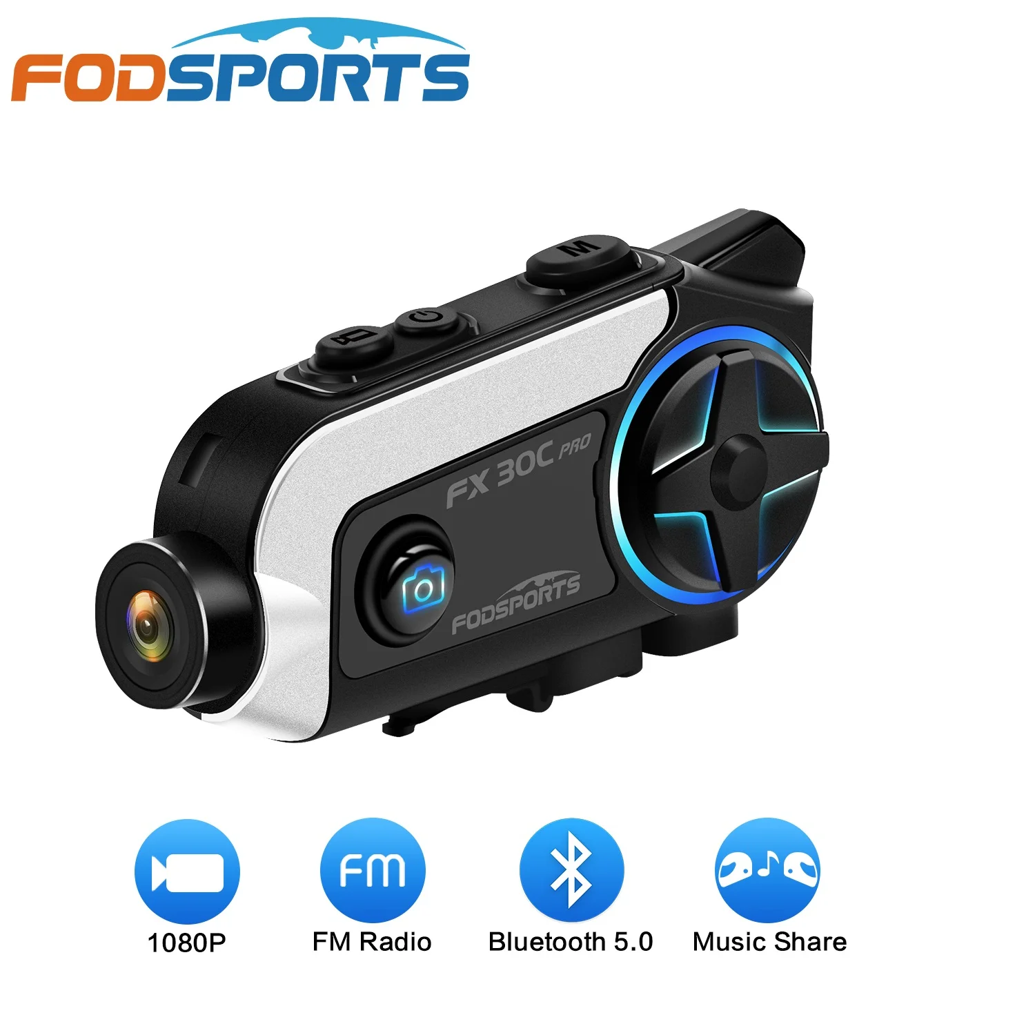 Fodsports FX30CプロオートバイインターホンヘルメットBluetoothヘッドセット1080P Wifiビデオレコーダーカメラ、音楽シェア、FMラジオ、日本語版。