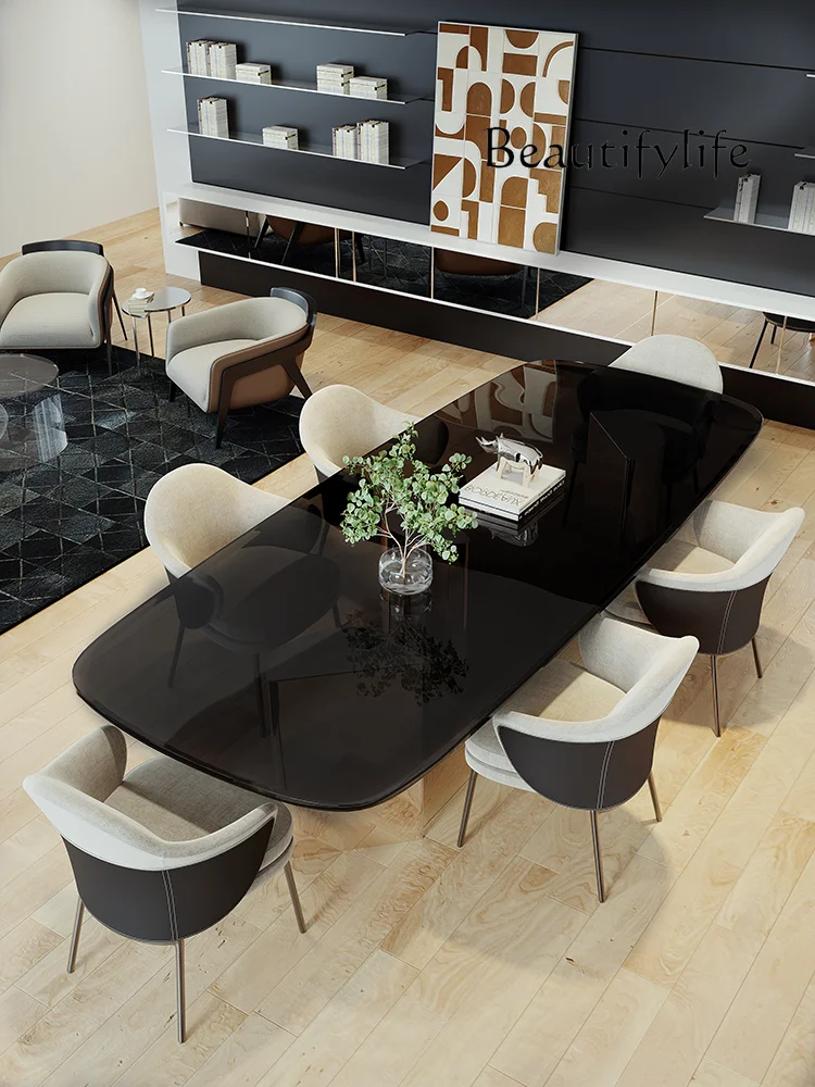 

Tempered Glass Dining Tables and Chairs Set Large Apartment Home Italian Dining Table Modern Simple and Light Luxury