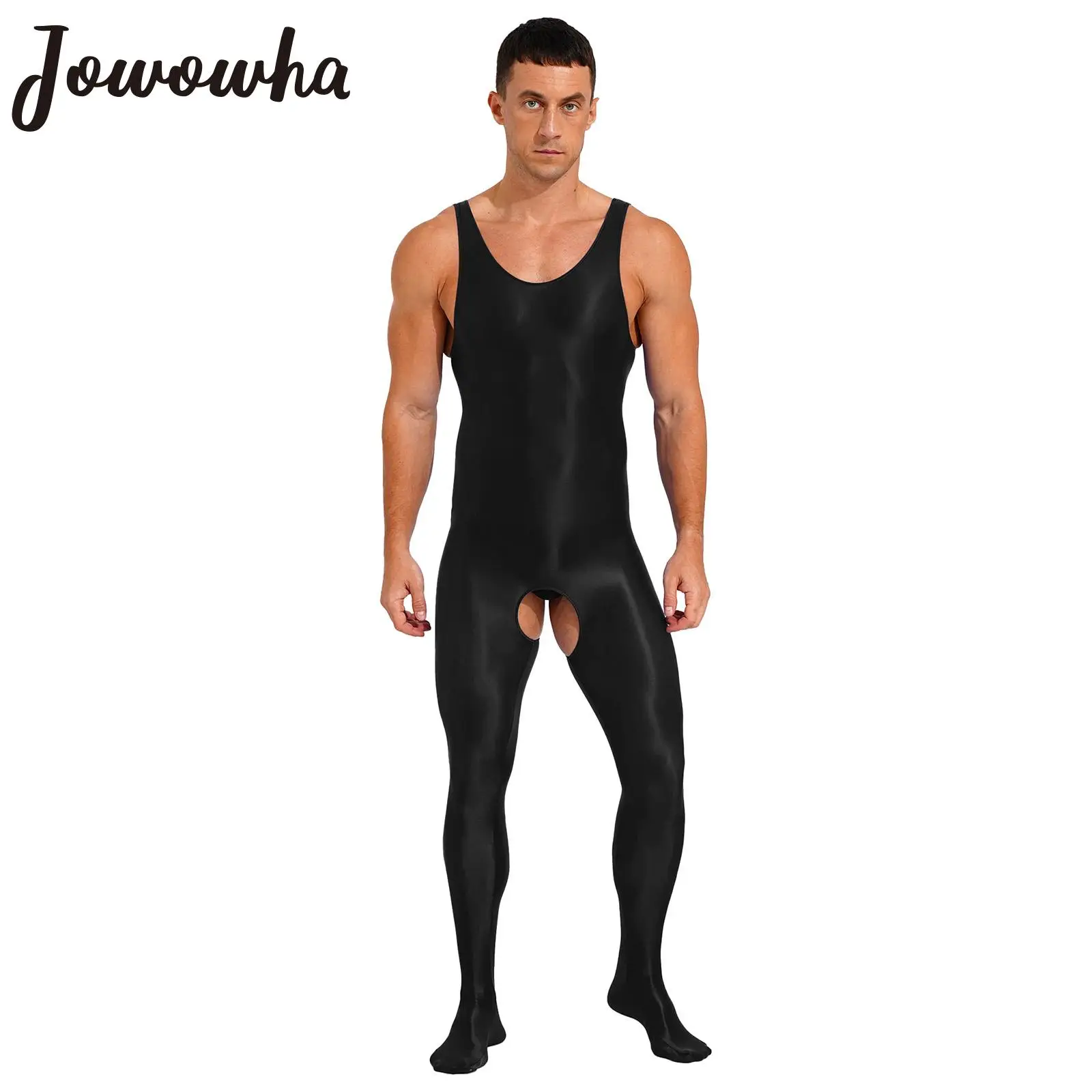 

Mens Glossy Open Crotch Bodysuit Smooth Stretchy Sleeveless Full Body Jumpsuit Leotards Crotchless Lingerie Nightwear Clubwear