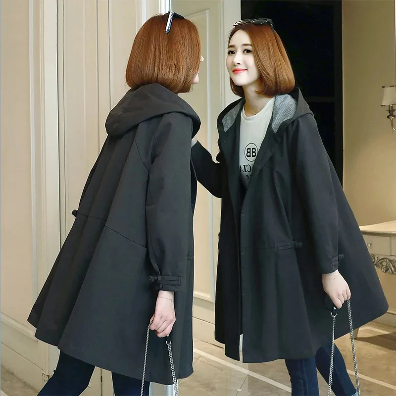 

Mid-Long Trench Coats Women's 2023 New Spring Autumn Large Size Loose WIndbreakers Female Casual Hooded Women Coat Cape Overcoat